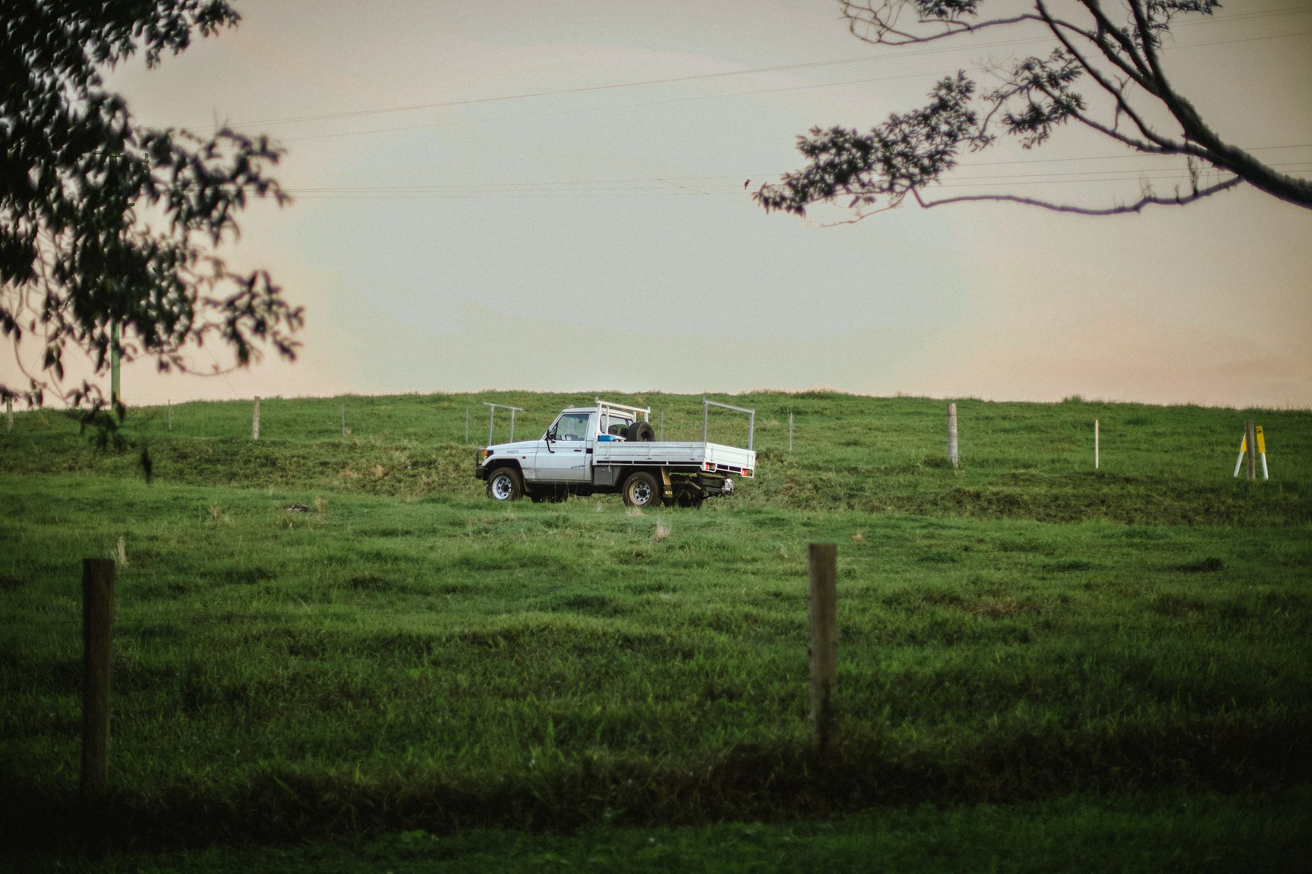 A solitary truck parked on a lush green field in the rural countryside of Rosebank, NSW.