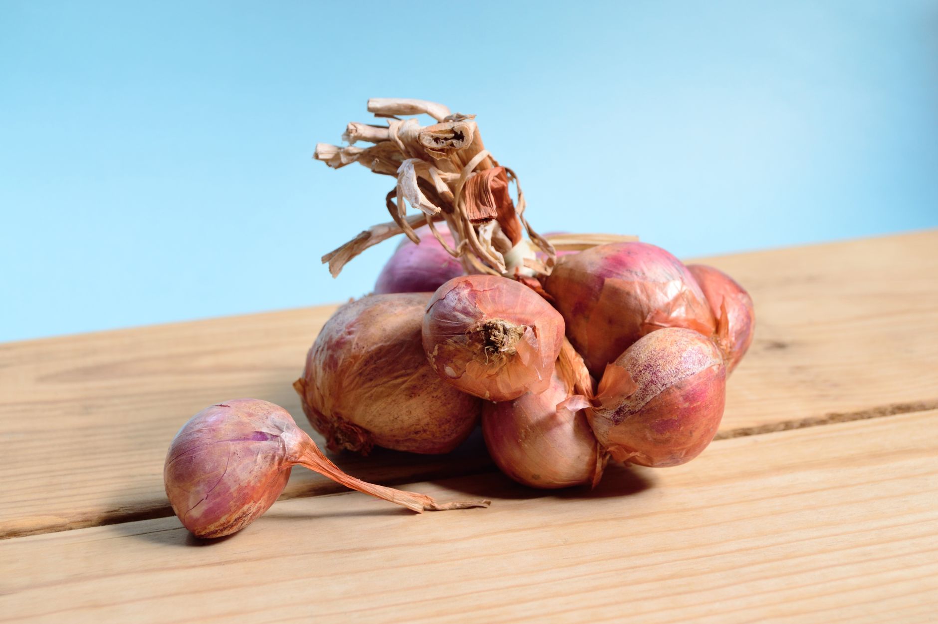 Close-up of fresh shallots on a wooden table against a blue background.